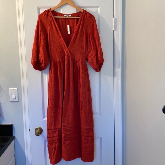 Madewell M Orange Puff-Sleeve Midi Dress BNWT - Picture 2 of 3